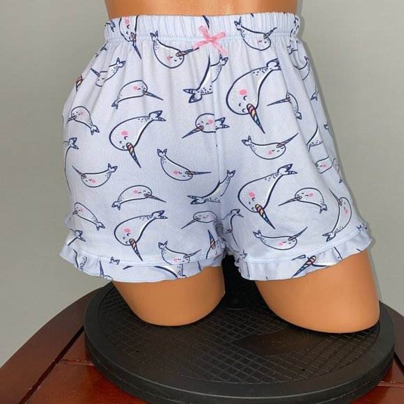 Tops & Bottoms Free Narwhal Pajama Shorts Women's Size M Bow Ruffle Lounge Cute - Picture 1 of 12